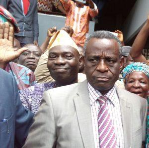 Anthony Elujoba, newly-elected Acting Vice-Chancellor of Obafemi Awolowo University, Ile-Ife in Osun state being ushered in by members of Senate and various Unions at the University on campus, on Thursday in Ile-Ife. Pic by Razaq Ayinla 