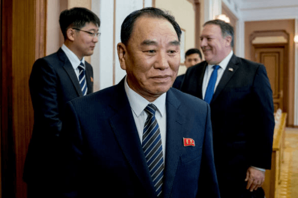Kim Yong Chol, centre, at a July meeting with US secretary of state Mike Pompeo, right, in Pyongyang © Reuters