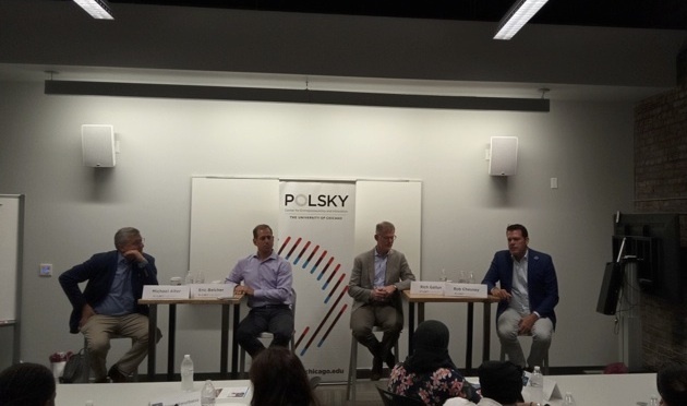 L-R: Michael D. Alter, clinical professor of entrepreneurship, Univeristy of Chicago Booth School of Business; Eric Belcher, entrepreneur and former CEO of InnerWorkings; Rich Gallun, co-founder of B-Swift, and Rob Chesney, venture partner at Chicago Ventures, at an interactive session during Foreign Press Centers International Reporting Tour in Chicago on Friday