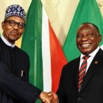 President of Nigeria, President Muhammadu Buhari shaking South African President, Matamela Cyril Ramaphosa