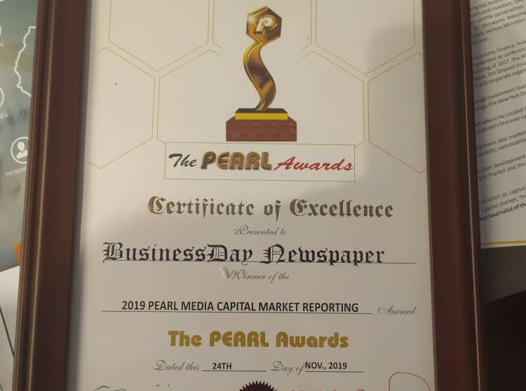 BusinessDay wins 2019 PEARL Media Award for Quality Capital Market Reporting