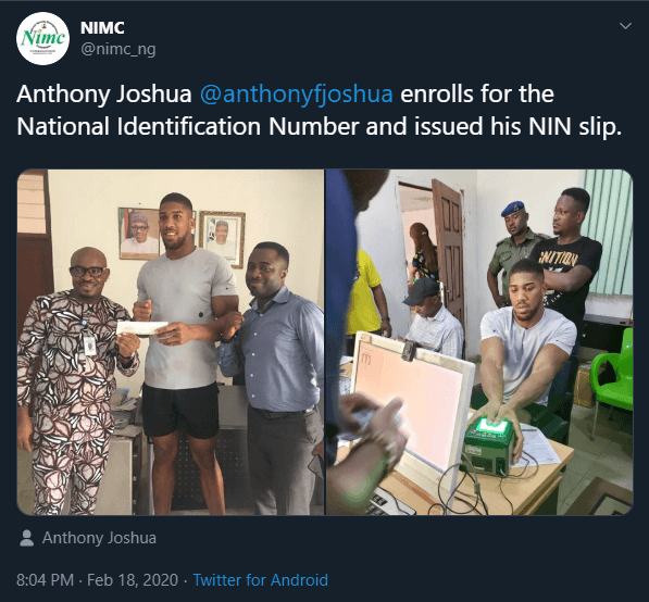 NIMC’s boast of Anthony Joshua’s enrolment triggers fury over delays