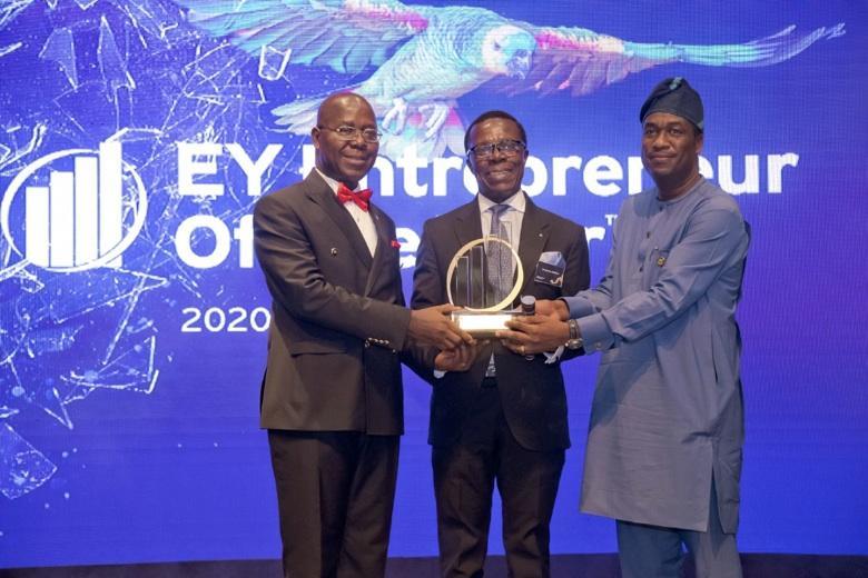 L-R: Henry Egbiki, EY country leader and regional managing partner for West Africa; Cosmos Maduka, founder, Coscharis Group, and Femi Hamzat, deputy governor, Lagos State, at EY Entrepreneur Award in Lagos recently.