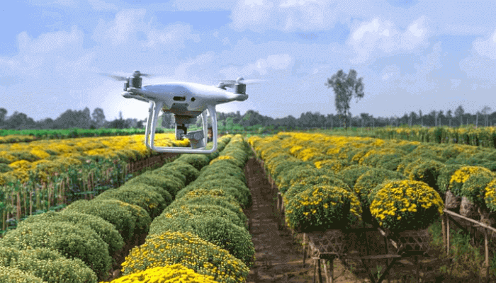 A drone hovering over a farmland