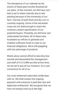 HO Corn's statement