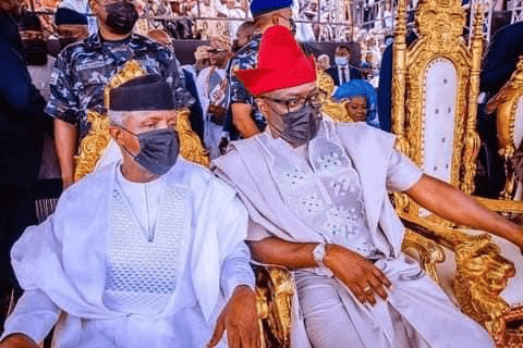 Seyi Makinde, the Oyo State governor and Prof. Yemi Osinbajo at the coronation of the 42nd Olubadan of Ibadan