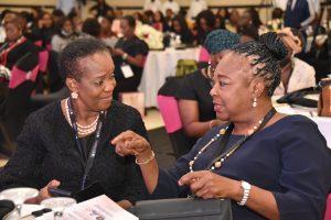 Oluyemisi Bamgbose (l), chairperson, NBAWF, with Anna Ishaku, first lady, Taraba State.