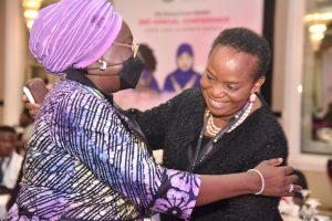 Oluyemisi Bamgbose (r), chairperson, NBAWF, welcoming Noimot Salako-Oyedele, deputy governor, Ogun State to the conference.