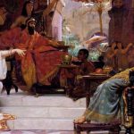 Queen Esther pointing at surprised Haman as the enemy of her people...and the rest is history