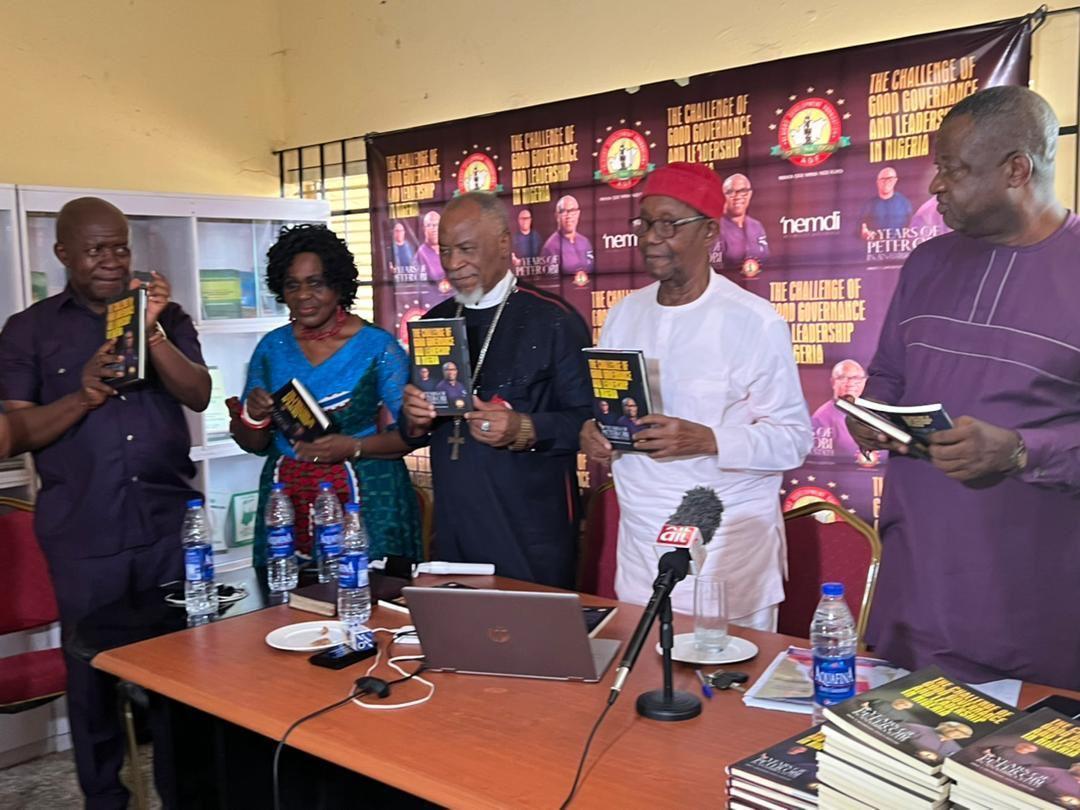 L-R: Patrick Obi; Chinyere Stella Okunna; Bishop Obi Onubogu; Uzodinma Nwala and Abia Onyike at the unveiling of the book, ‘The Challenge of Good Governance and Leadership in Nigeria: Eight Years of Peter Obi in Anambra State’, at Enugu Friday.