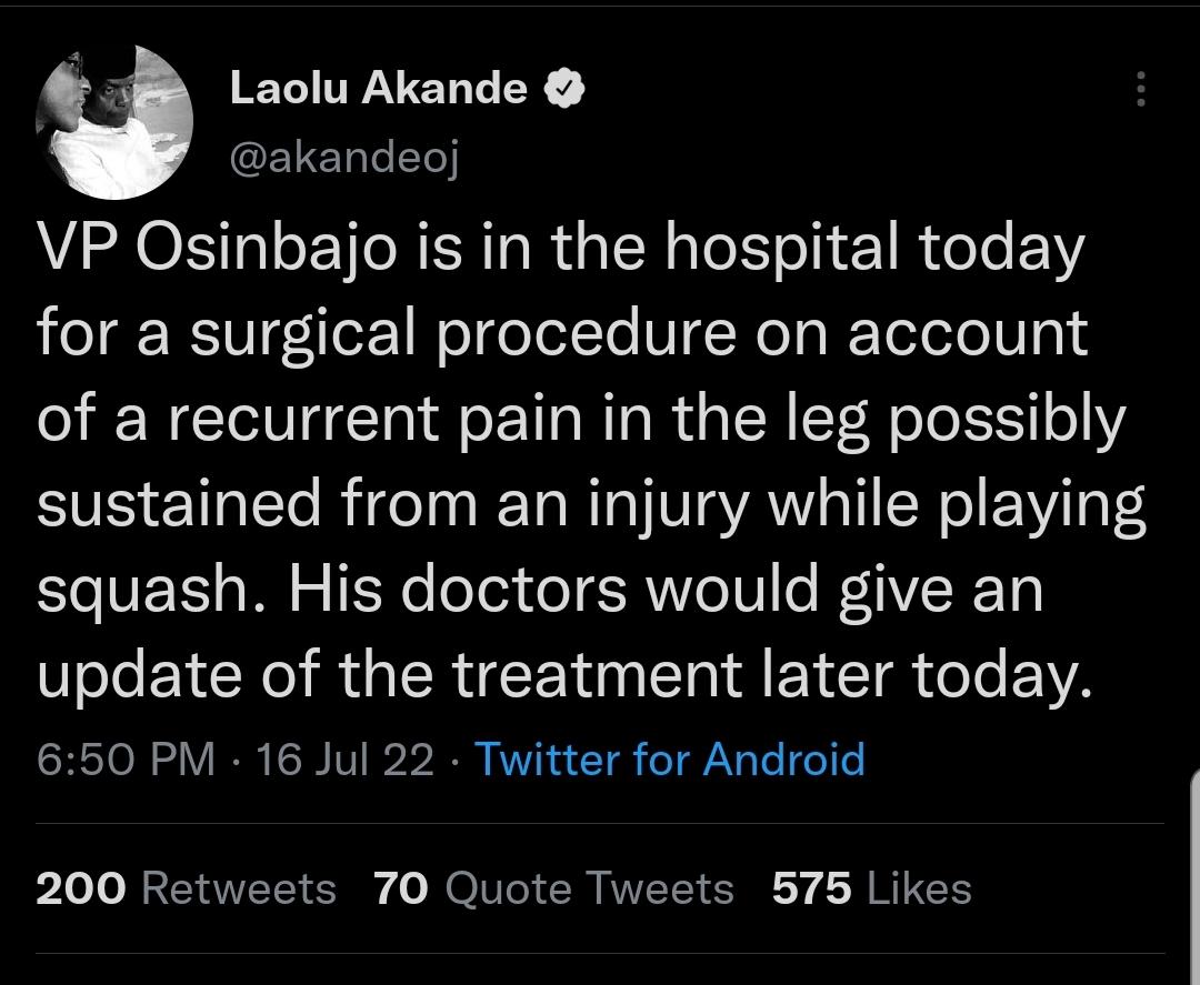 Osinbajo in hospital for surgery, says Akande