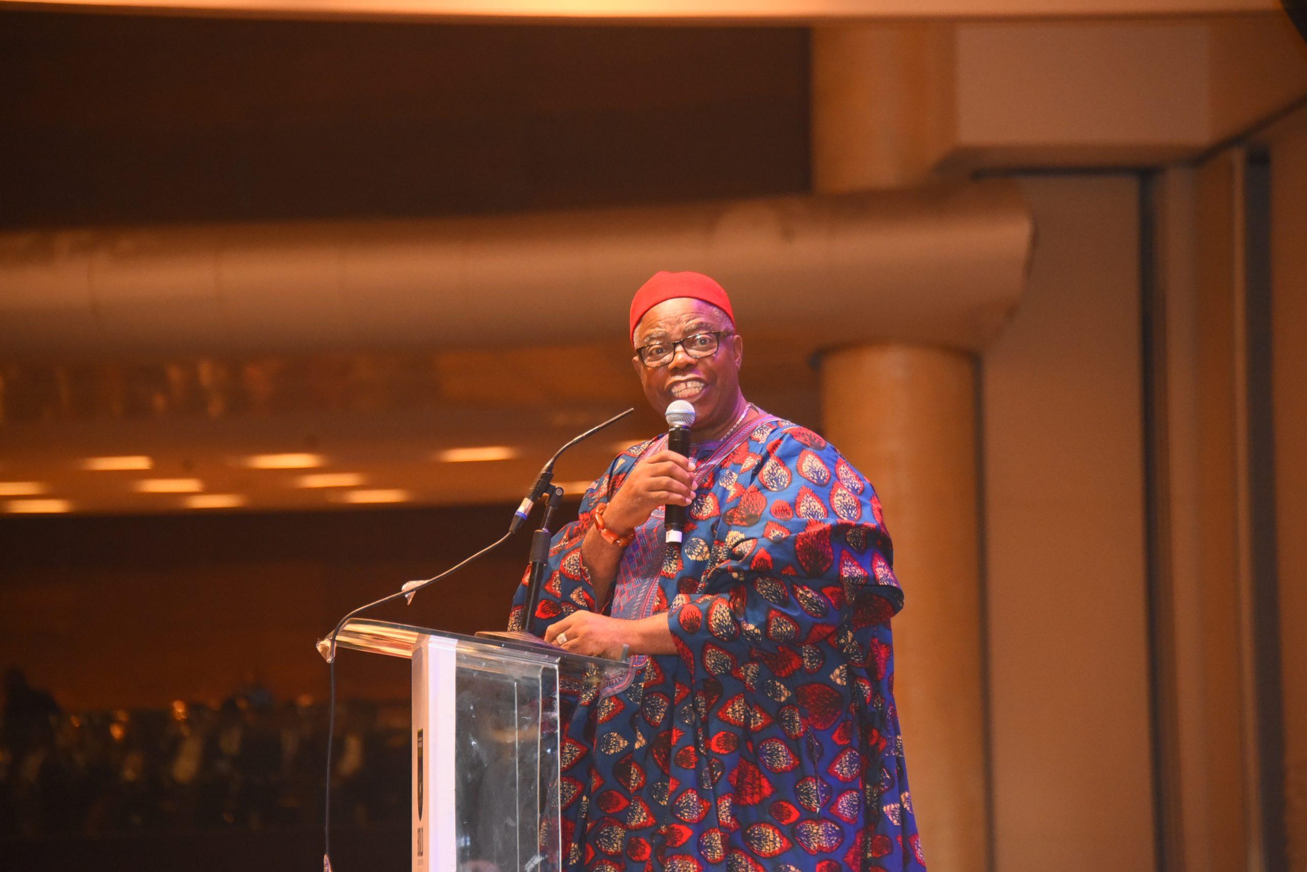 Peter Umeadi, presidential candidate, APGA, giving his speech at the conference.