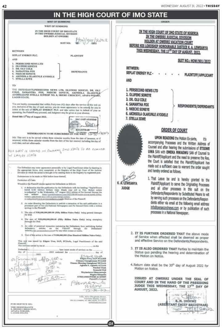 Seplat sues online publishers, perseconds news, street journal 