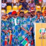 Gov Sanwo-Olu addressing APC supporters at Onikan stadium