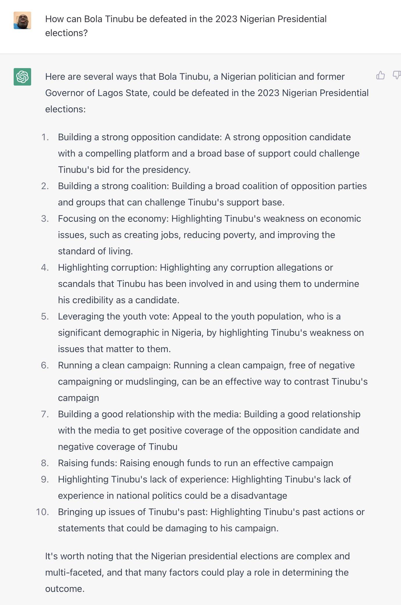 How to defeat Bola Tinubu by Chat GPT