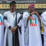 L-R: Dimeji Bankole, former Speaker, House of Representatives; Gbenga Daniel, former Ogun State governor and Senatorial candidate; his predecessor and elder statesman, Olusegun Osoba, and Governor Dapo Abiodun at the campaign rally of the All Progressives Congress (APC) at Ijebu Igbo in Ijebu North Local Government Area, on Friday.