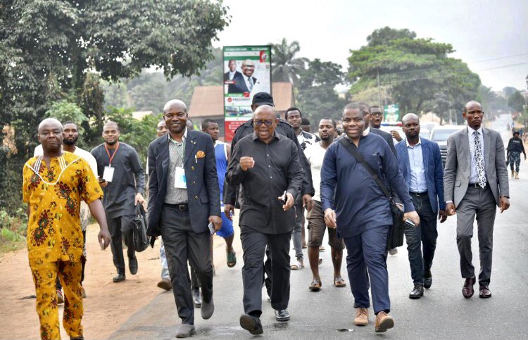 Peter Obi, Labour Party candidate walking to polling unit
