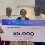 L-R: Joshua Olulana, executive, Stephen Akintayo Foundation; Yetunde Taiwo of YT Foods, recipient of the $5, 000 grant, and Ikenna Mba, accountant of the Foundation, during the presentation of grant to awardees of the Stephen Akintayo Foundation 2023 Agriculture grant to winners in Lagos.
