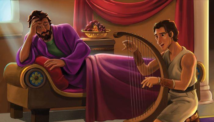 illustration of David playing the harp for King Saul (source: Center Pointe Community Church)