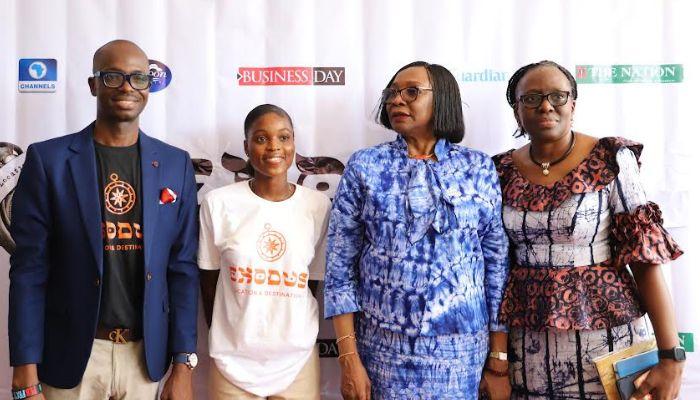 Bolaji Ogunwo, lecturer, Department of Creative Arts, Unilag; Hannah James, exhibitor and 200 level student of the Department of Creative Arts; Folasade Ogunsola, vice chancellor, University of Lagos (Unilag), and Bolanle Oboh, deputy vice-chancellor (Academic and Research), Unilag, at the 'Exodus', an Art Exhibition organised by the Department of Creative Arts, Unilag in Lagos, weekend.