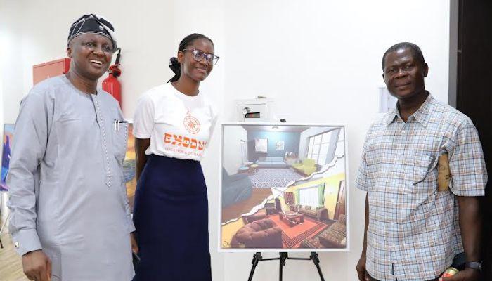 Opeibi Davies, a professor in the Department of English, Unilag; Daberechukwu Agomuo, exhibitor & 200 level student of Creative Arts Department, Unilag and Patrick Oloko, a professor in Unilag, at the Art Exhibition organised by the Department of Creative Arts, Unilag, in Lagos, weekend.