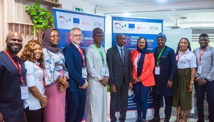 L-R: Olusegun Alimi; Weyinmi Smith; Bashira Hassan all of GIZ; Markus Wauschkuhn, coordinator of the Sustainable Economic Development Cluster of GIZ Nigeria; Onesi Lawani; Inuwa Kashifu Abdullahi, DG of NITDA; Thuweba Diwani, head of the Digital Transformation Center Nigeria; Bunmi Kole-Dawodu, Lagos State manager, SMEDAN; Gbekeloluwa Oshinowo, and Emmanuel Oladele during the visit of NITDA to the GIZ/DTC Nigeria center in Lagos recently.