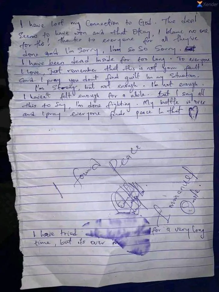 suicide notes by written by a Nigerian youth before his death (stained by tears)
