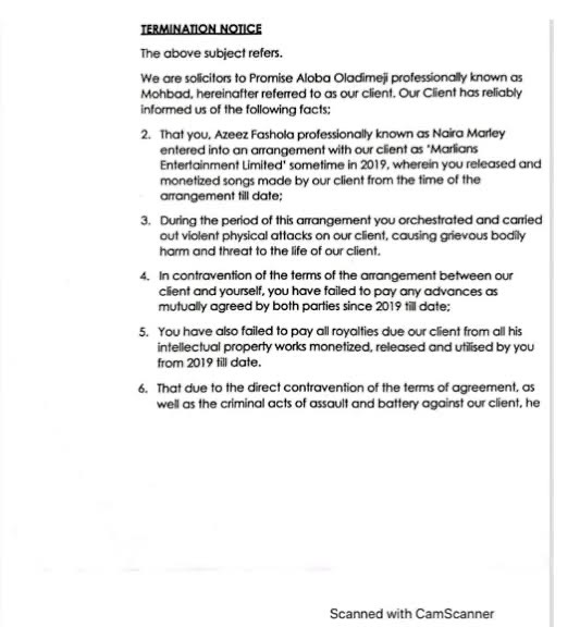 Mohbad's contract termination letter