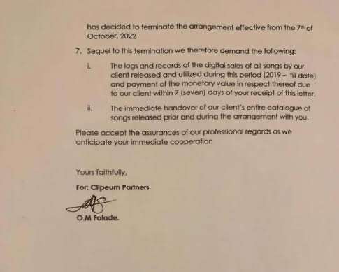 Mohbad's contract termination letter