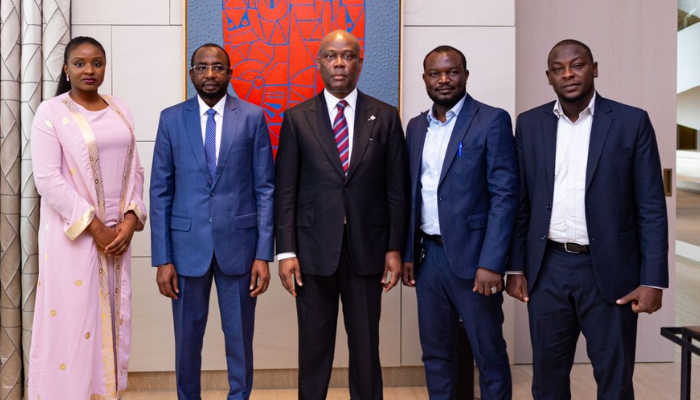 L-R: Inya Lawal, Founder of Ascend Studios Foundation & Implementation Partner of Global Tech Africa; Mallam Kashifu Inuwa Abdullahi, Director-General of NITDA; Herbert Wigwe, Founder of Herbert Onyewumbu Wigwe Foundation & Wigwe University; Ahmad Shuaibu, Executive Trustee of FutureMap Foundation; Aminu Lawal, Special Adviser to Director General of NITDA on Digital Transformation during a press conference to announce Africa Creative Market and Global Tech Africa Collaboration.