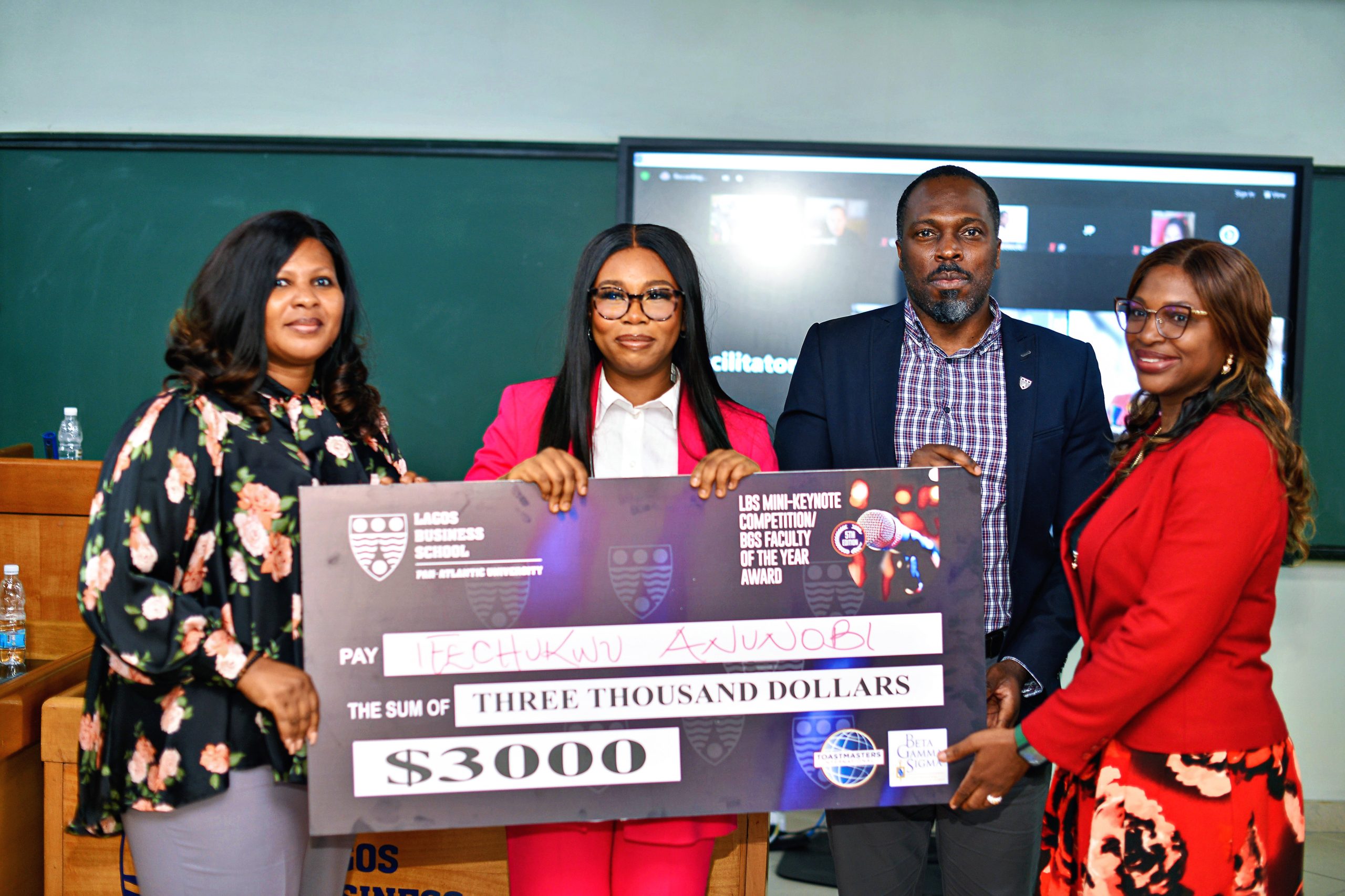 Left to Right: Jacinta Anakua - Head, MBA Programme Management, Ifechukwu Anunobi -Full Time MBA 21 student at Lagos Business School and first prize winner, Chinedum Ewuzie - Director, MBA Programmes, IfeomA Okeke – Lagos Business School Beta Gamma Sigma Presiden