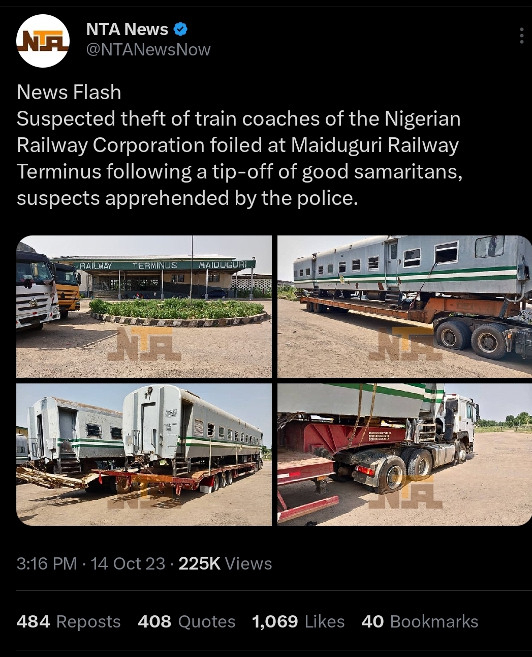 NTA reports stolen train coaches in Maiduguri