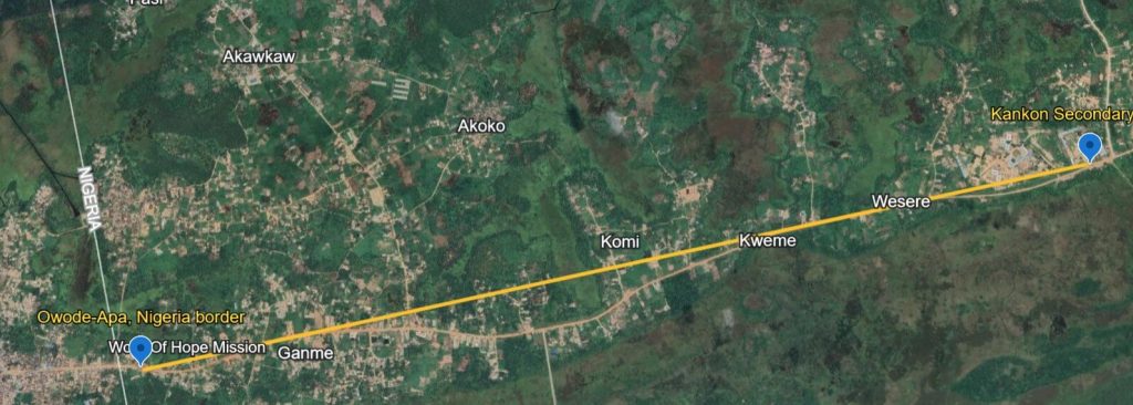 Owode-Apa to Kankon Secondary School is 5.5 kilometers, and to/fro now costs N500 (from N150), so most students trek. It is the closest school too. Image: Google earth