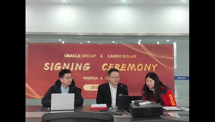 Leo Peng, Executive Assistant to the company, Dr. Huang Qiang, CEO/Founder and Board Chairman and Dr. Lu Haofeng, Deputy General Manager all of Cando Solar, during the signing of the multi-billion naira deal in Changzhou City, Jiangsu Province, China