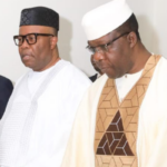 President of the Senate, Godswill Akpabio (l) with Leader of the Senate, Opeyemi Bamidele walking into the Senate Chamber following the resumption of the National Assembly after the yuletide break in Abuja... Tuesday.