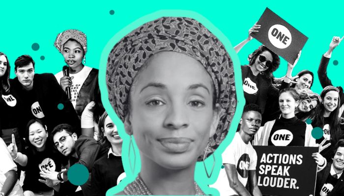 Graphic of Ndidi Okonkwo Nwuneli with ONE volunteers