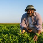 Farmer in a lare field smiling with a smartphone in his hand