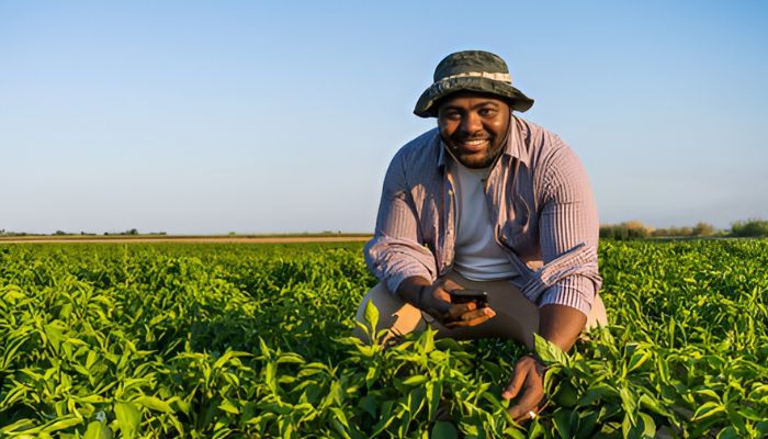 Farmer in a lare field smiling with a smartphone in his hand