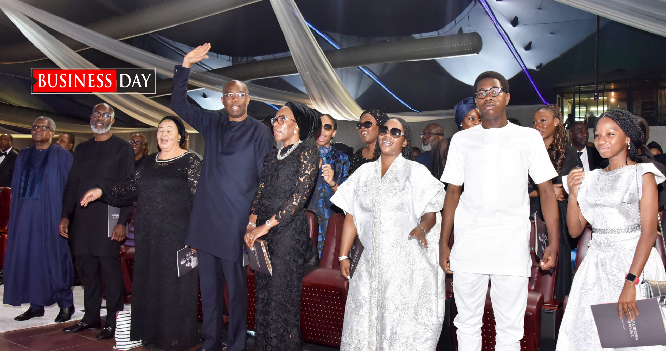 L-R: Aliko Dangote, President, Dangote Group; Roosevelt Ogbonna, MD/CEO, AccessBank Plc.; Ajoritsedere Awosika, Former Chairman, Access Bank Plc; Aigboje Aig- Imoukhuede, Chairman, Coronation Group, his wife Ofovwe; Tochi Wigwe, daughter of late Herbert Wigwe, CFR; David Wigwe, Son; and Hannah Wigwe, Daughter.