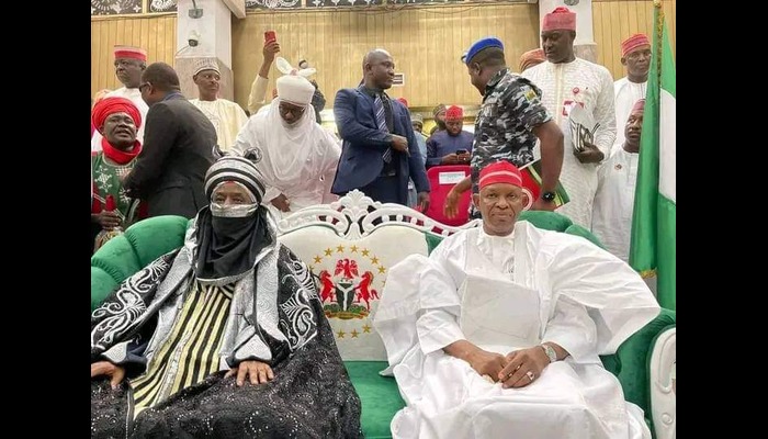 Sanusi Lamido Sanusi, the 16th Emir of Kano, and Governor Abba Kabir Yusuf, at the Coronation Hall, Government House, in Kano, preparing to receive his letter of his reinstatement.