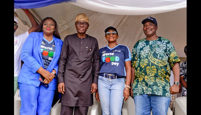 L - R: folushola olaniyan OON (Technical committee member, BATNF), Babajide Sanwo-Olu (Gov, Lagos state), Odiri Erewa-Meggison (Board member, BATN FOUNDATION), Dr Oluwarotimi Fashola (SSA to the Governor on agriculture) at the 2024 Lagos Farm fair to mark the world food day at Police College Ikeja