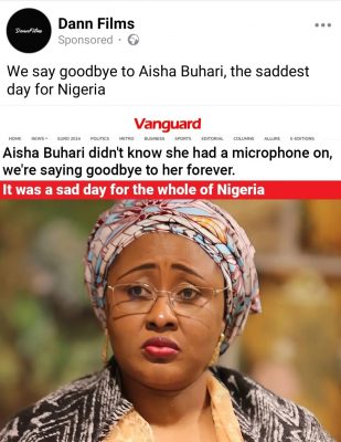 Aisha Buhari's photo manipulated on a Facebook page for sponsored post 