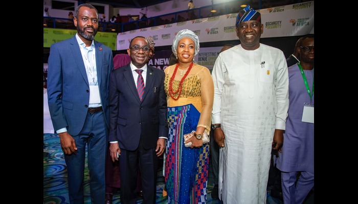 L-R: Managing Director Sterling Bank, Mr. Abubakar Suleiman;Keynote Speaker and Senior Special Adviser on Industrialization to the President of the African Development Bank (AfDB), Professor Oyebanji Oyelaran-Oyeyinka, President, Nigerian Women in Agricultural Business Cooperative Society Limited (NIWAB) Lady Gracetiti Fredson; Representative Of Governor Of Benue State, Deputy Governor Of Benue State, Mr. Samuel Ode; During The Agricultural Summit Africa In Abuja.