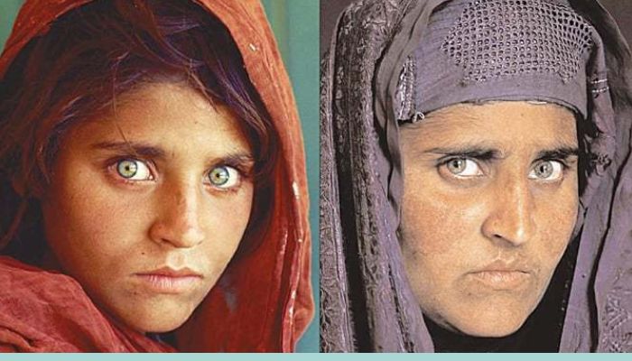 American photojournalist Steve McCurry’s `1984 photographic portrait “Afghan Girl” of Sharbat Gula (left) and a portrait of the same woman in 2002 also by McCurry