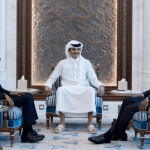 Democratic Republic of the Congo President Felix Tshisekedi and his Rwandan counterpart, Paul Kagame, meet with Qatar's Emir Sheikh Tamim bin Hamad Al Thani in Doha, Qatar [Qatar's Ministry of Foreign Affairs/Handout via Reuters]