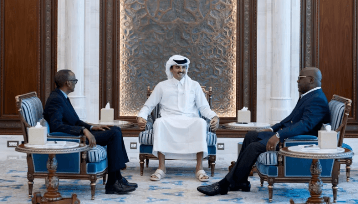 Democratic Republic of the Congo President Felix Tshisekedi and his Rwandan counterpart, Paul Kagame, meet with Qatar's Emir Sheikh Tamim bin Hamad Al Thani in Doha, Qatar [Qatar's Ministry of Foreign Affairs/Handout via Reuters]