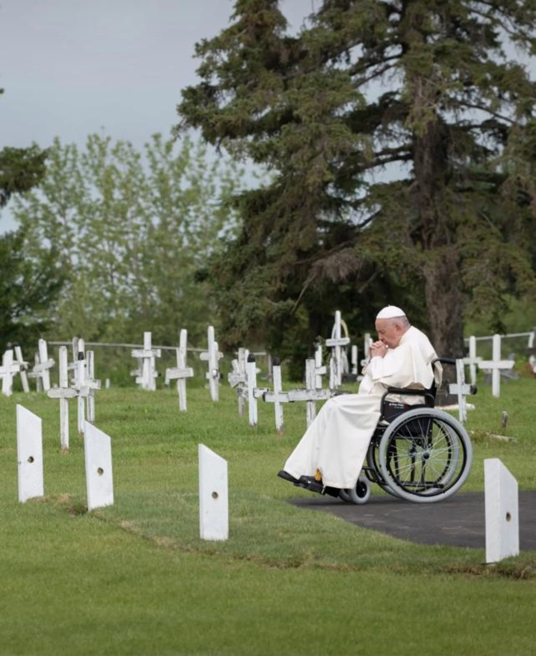 Francis visiting a cemetery in 2022 in Maskwacis, Canada, where Indigenous children from Catholic schools were said to have been buried. He begged forgiveness from Indigenous communities for the abuse and mistreatment of their children in the schools. lan Willms for The New York Times