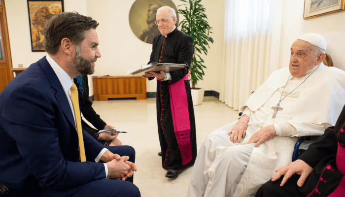 JD Vance speaks to the pope. The US vice-president converted to Catholicism in 2019. Photograph: Vatican Media/AP
