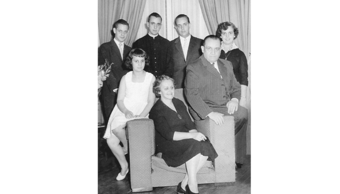 Jorge Mario Bergoglio, second from the left in the back row, poses for a photo with his family.At the top, from left to right, are his brothers Alberto Horacio and Oscar Adrian, and his sister Marta Regina. At the bottom, from left to right, are his sister Maria Elena, his mother Regina Maria Sivori, and his father Mario Jose Bergoglio.