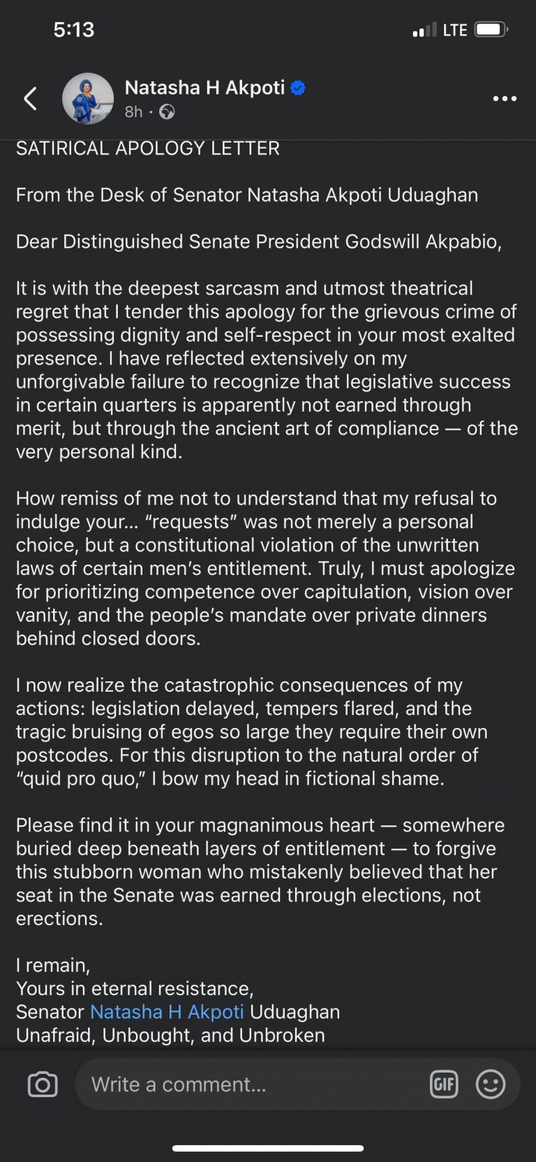 Natasha Akpoti mocks Akpabio with sarcastic apology